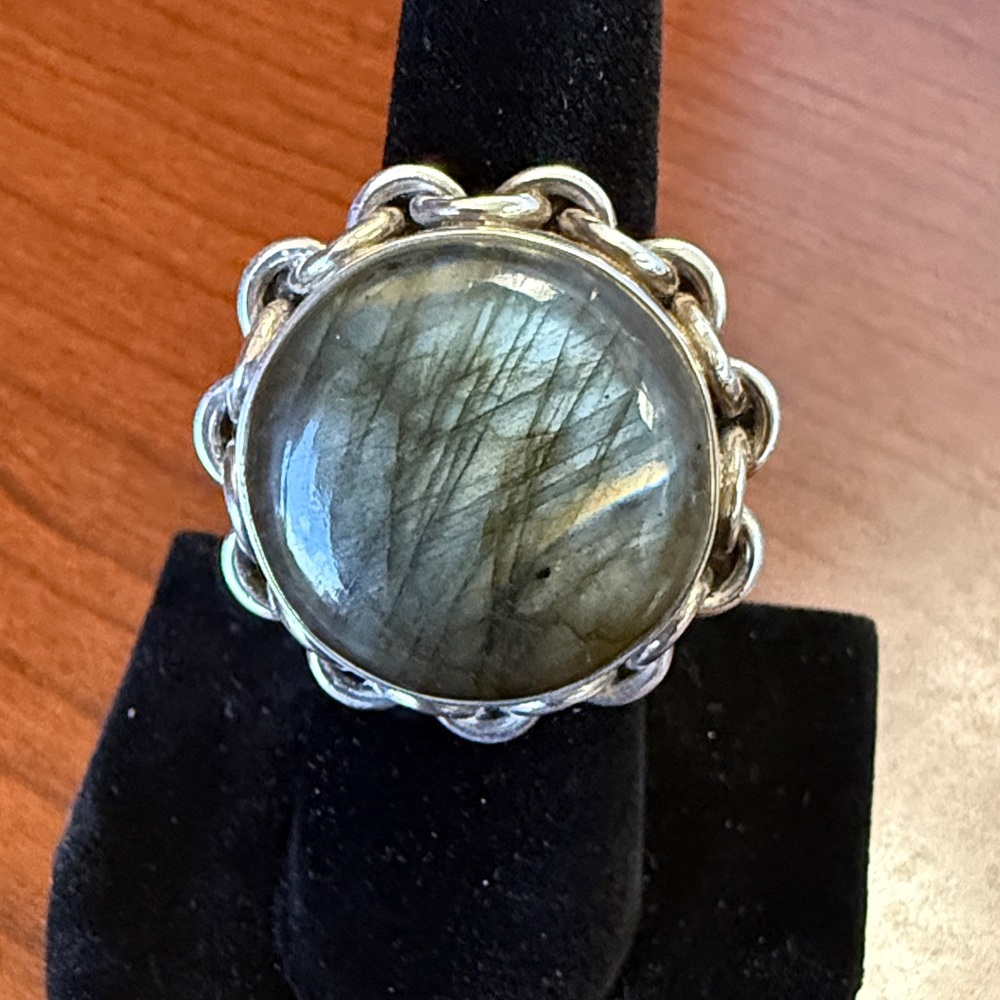 Vintage 925 Sterling Silver Labradorite Chain Circle Statement Ring Size